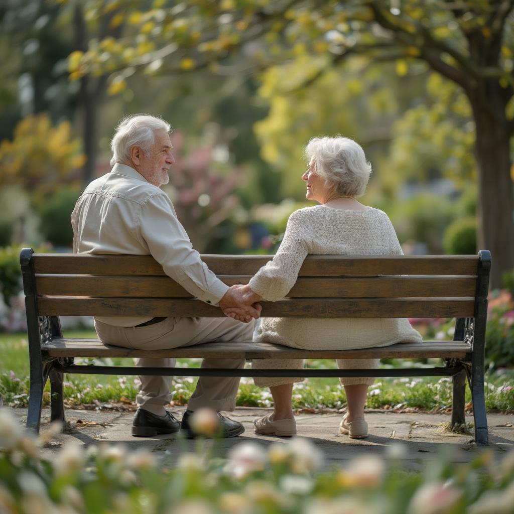 Elderly Couple Holding Hands on Park Bench