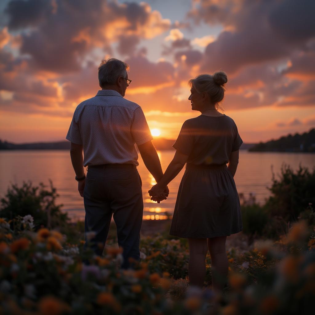 Elderly Couple Holding Hands at Sunset