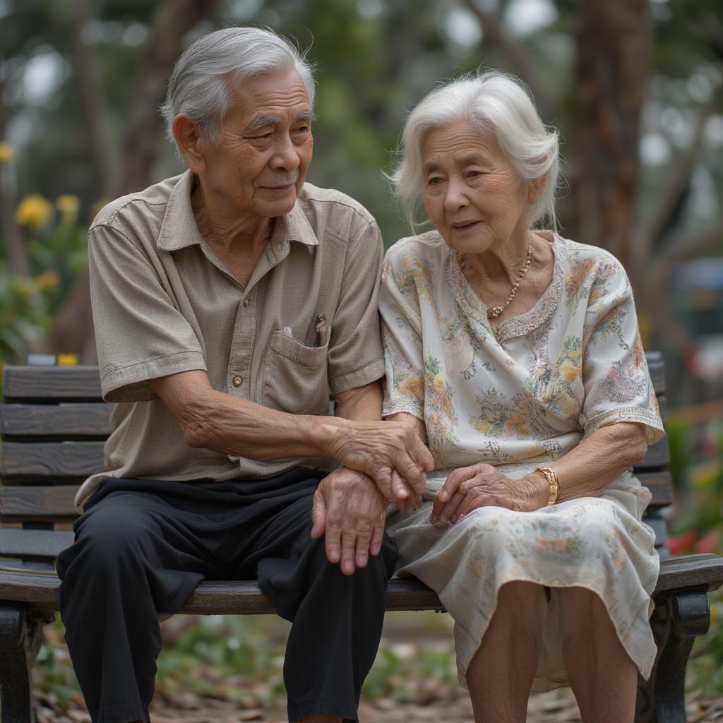 Elderly Thai couple holding hands, symbolizing lasting love