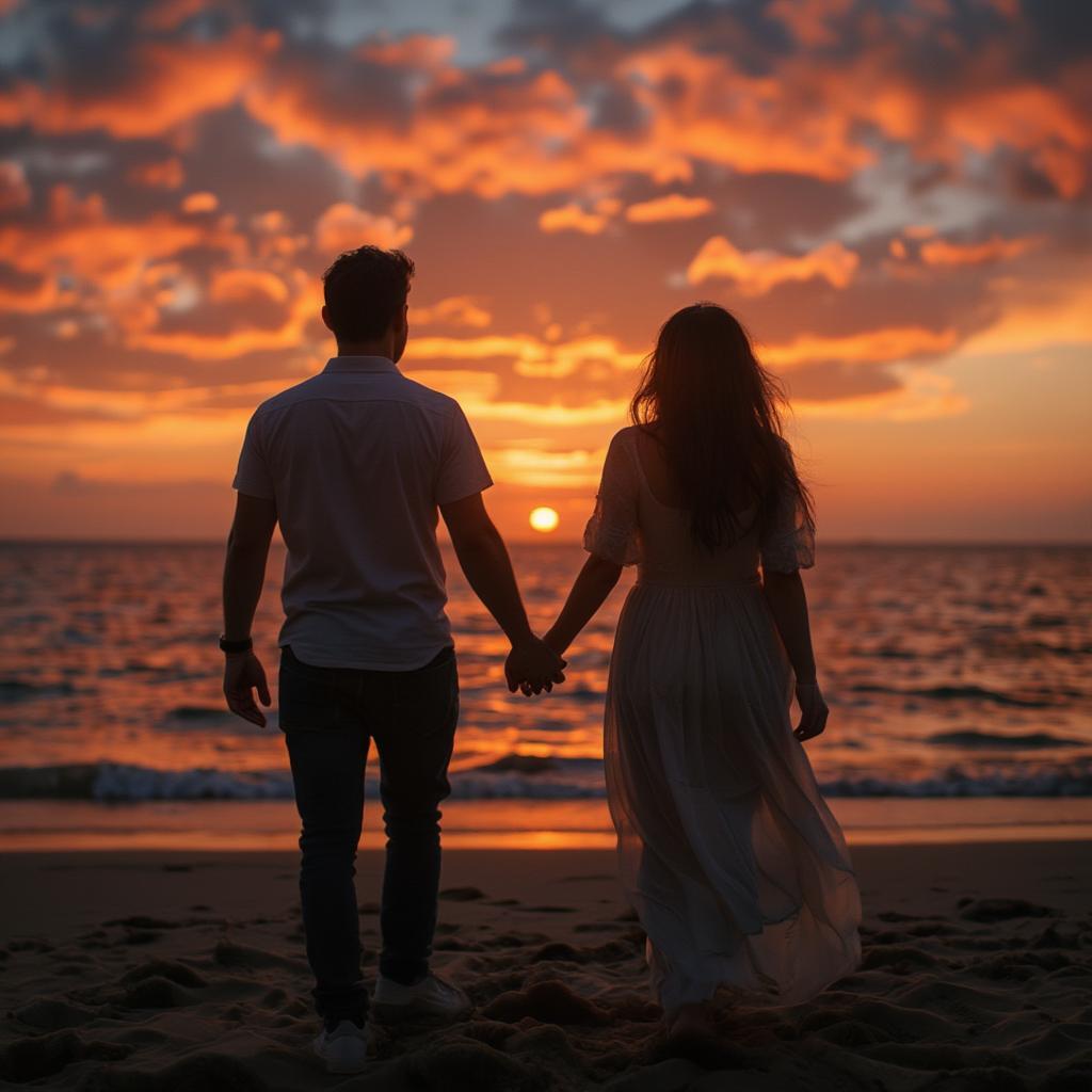 Silhouette of a couple walking hand-in-hand on the beach at sunset, symbolizing embracing a new beginning.