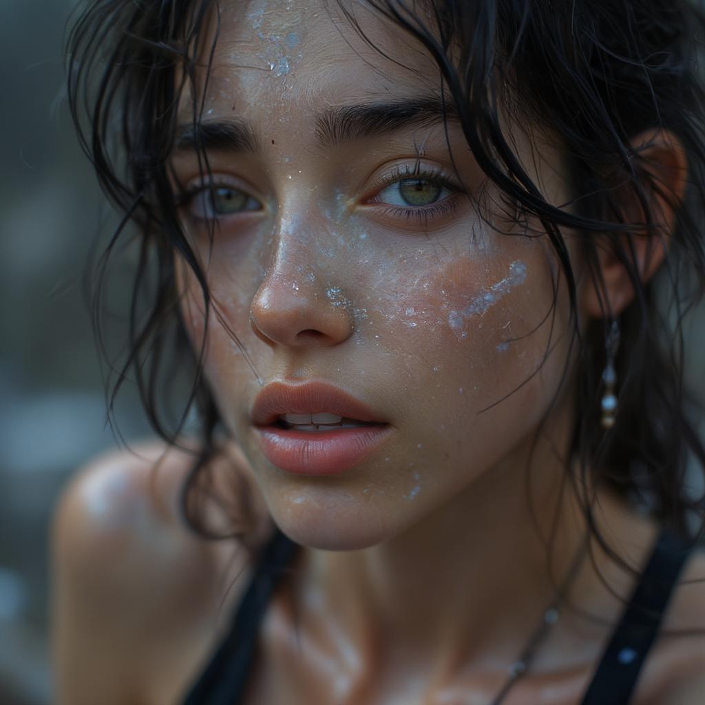 A close-up of a dancer's face, showing an intense emotional expression, tears in their eyes, and a slight smile. This image should convey the complex emotional landscape that dance can evoke.