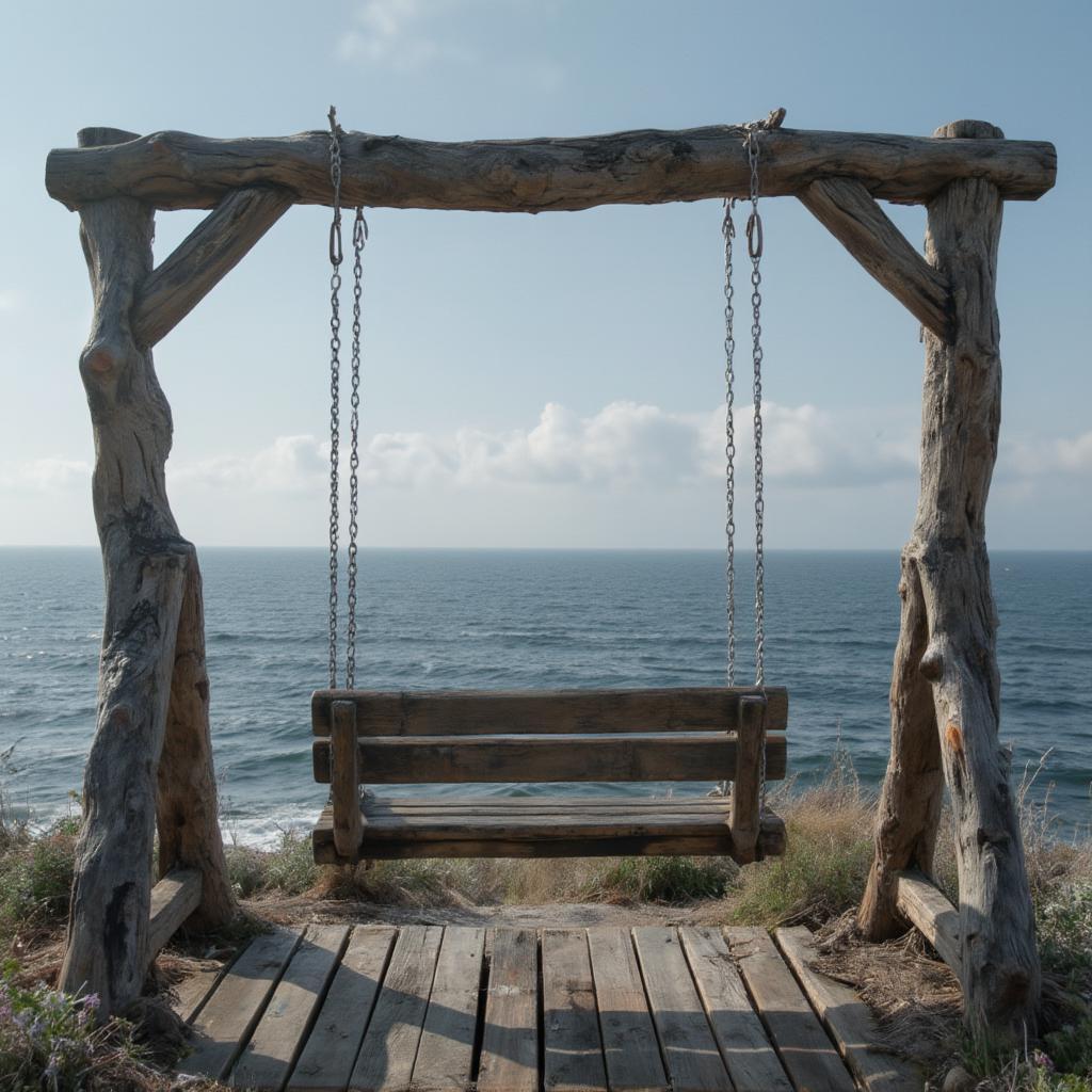 An empty swing set overlooking a vast ocean