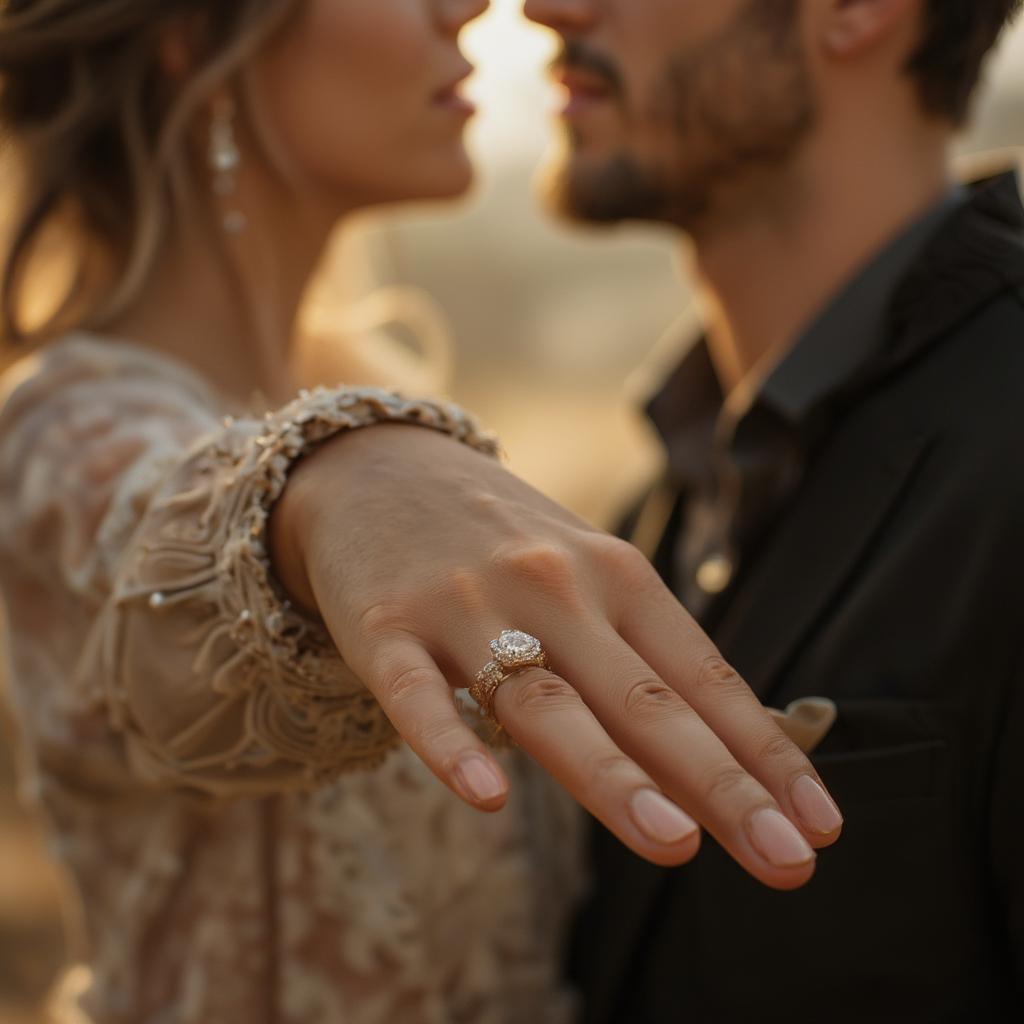 Couple holding hands with engagement ring in focus