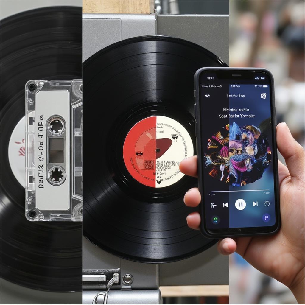 Evolution of Love Song Lyrics: A montage of vinyl records, cassette tapes, and a smartphone playing music, representing the different eras of music consumption.