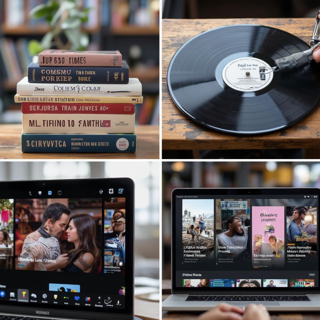 Books, music albums, and streaming platform interfaces depicting urban life.