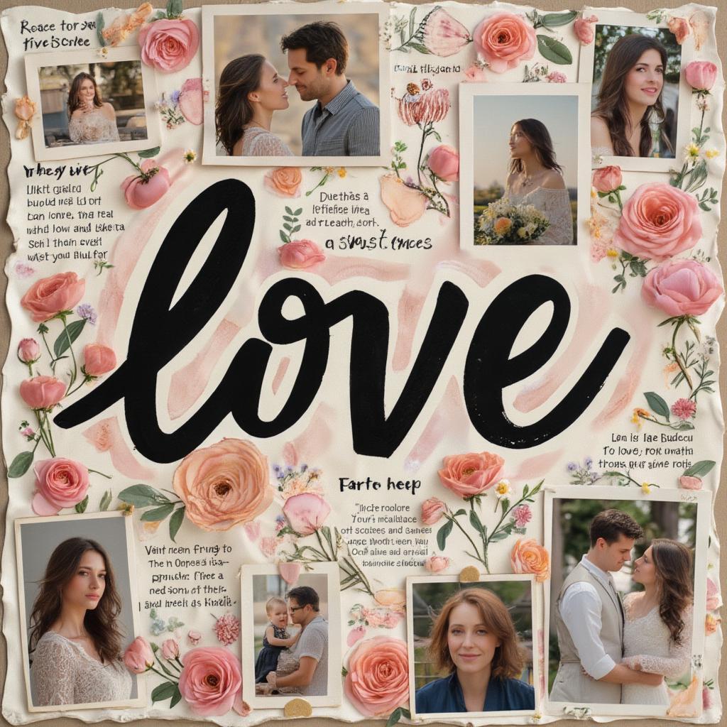 A collage of images depicting various expressions of love, such as holding hands, hugging, and sharing a laugh, with quotes about love interspersed throughout.