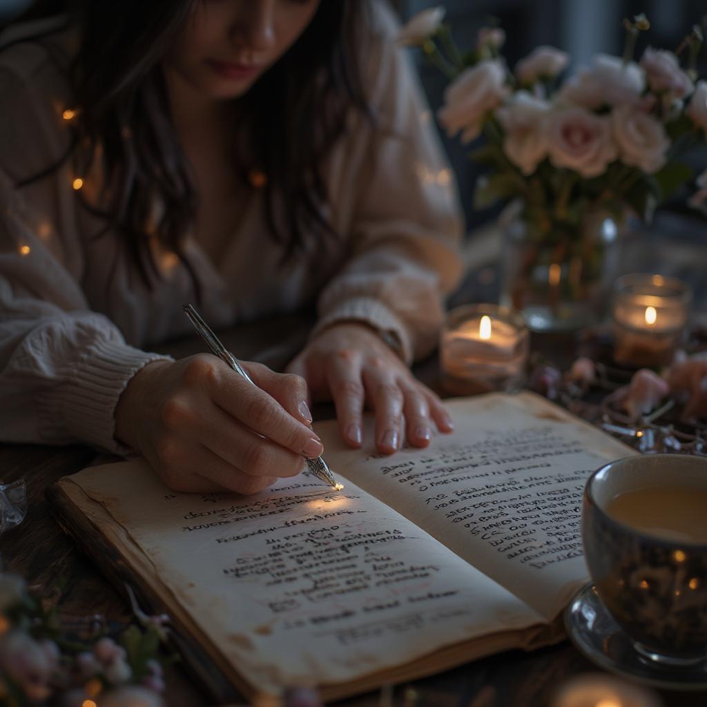 A person writing a love letter with Spanish quotes in a romantic setting