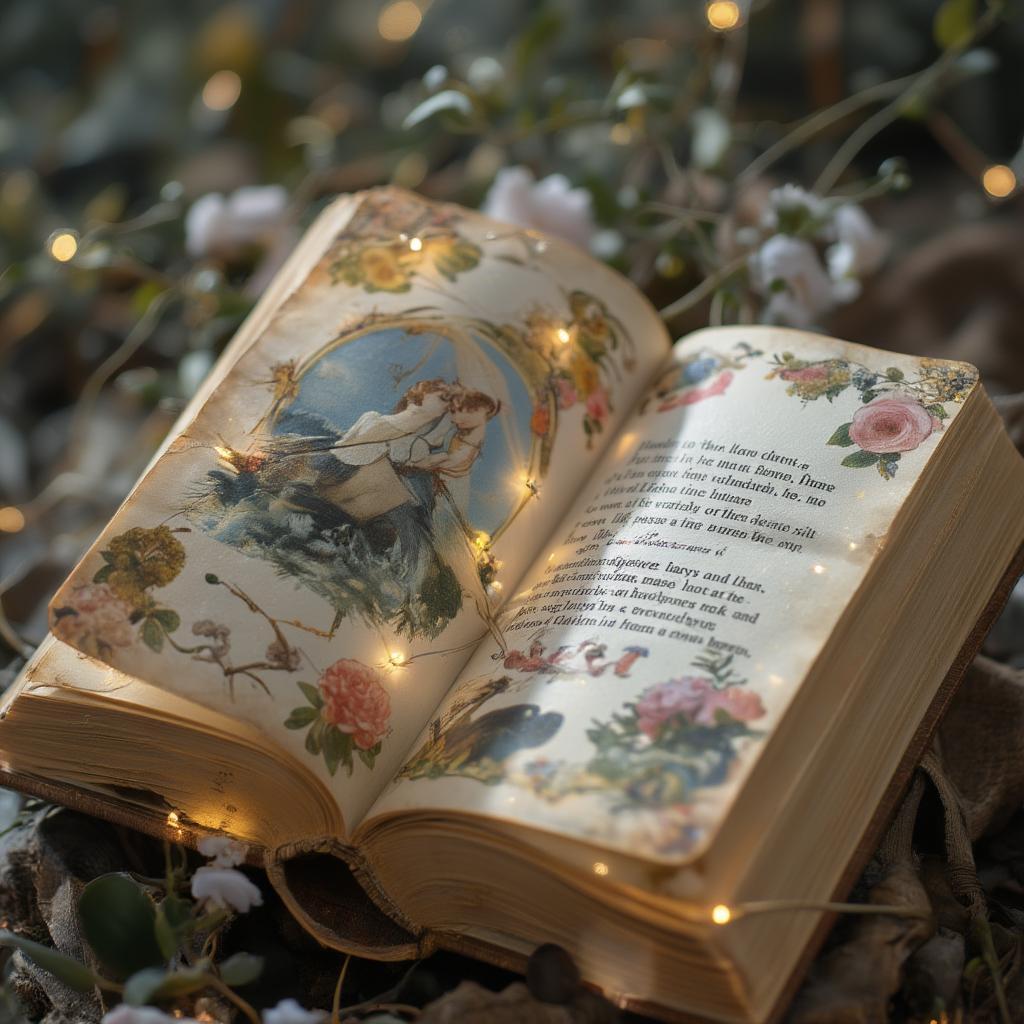 An open book displaying a classic fairy tale scene with a romantic quote illuminated by a soft glow.