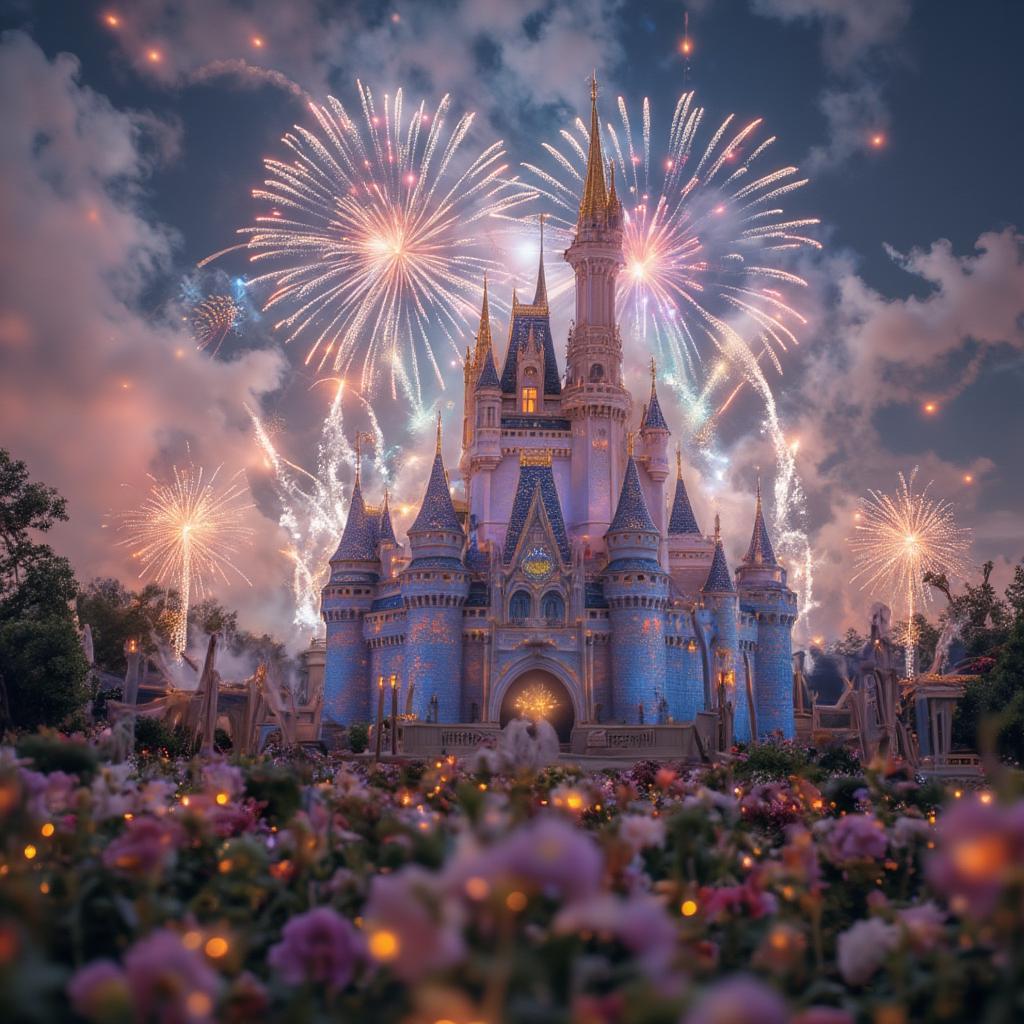 A magnificent fairy tale castle stands silhouetted against a night sky illuminated by vibrant fireworks. This celebratory scene represents the joy and triumph of love, a fitting end to a fairy tale romance.