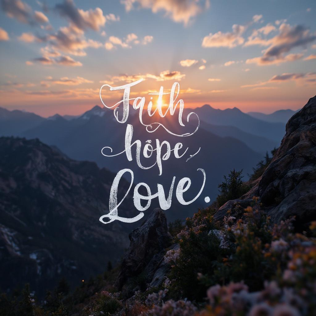 Sunrise over a mountain range with the words "Faith, Hope, Love" superimposed.