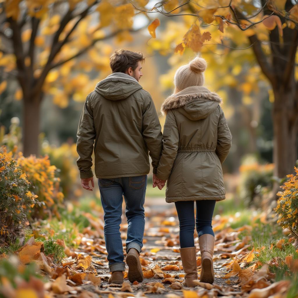 Couple walking hand-in-hand through a path covered in colorful autumn leaves