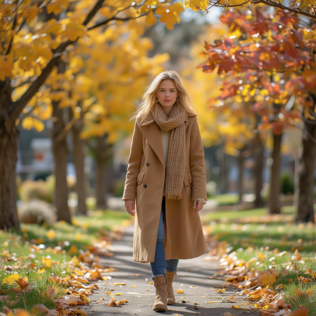 Woman walking in autumn leaves wearing stylish fall attire