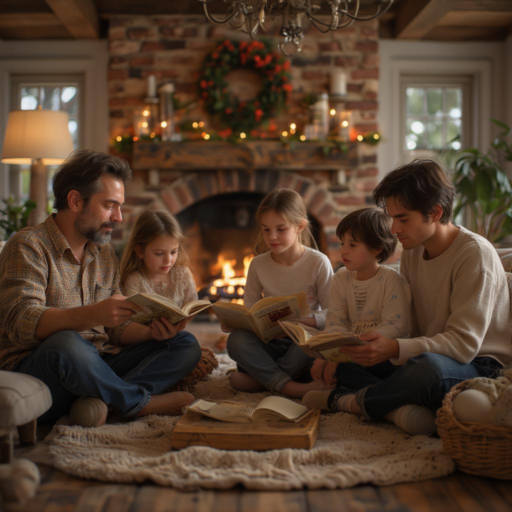 A family gathering around a fireplace, sharing stories and laughter.