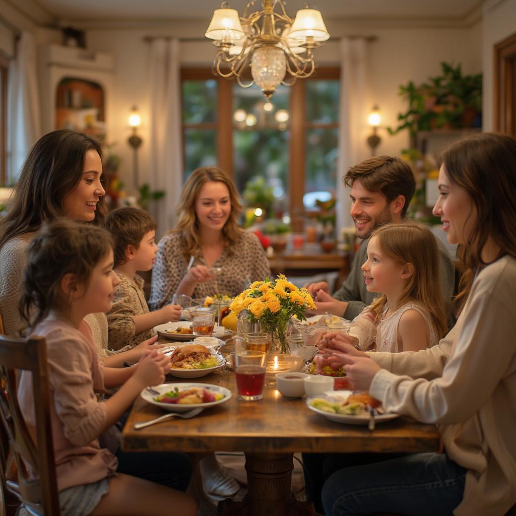 Family gathered around a table, sharing stories and laughter