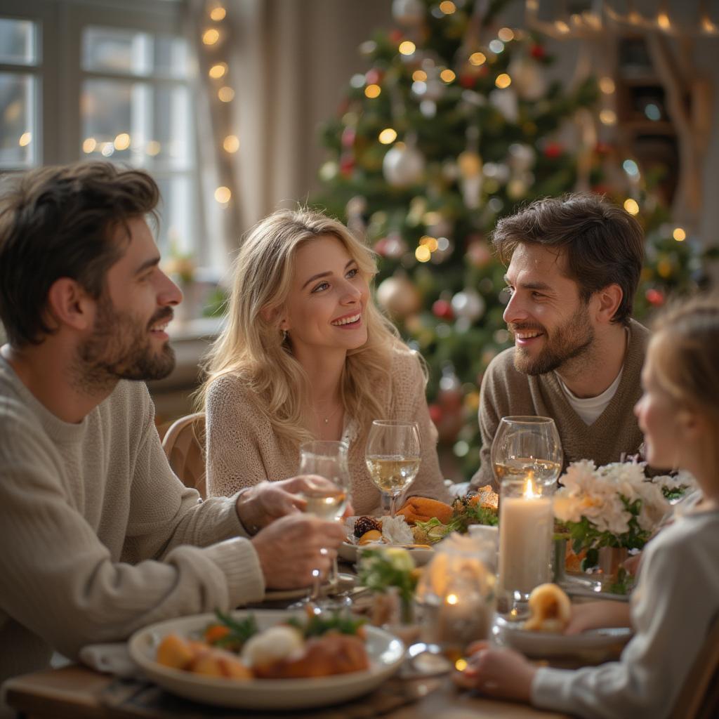 A family enjoying a festive holiday dinner, filled with laughter and love