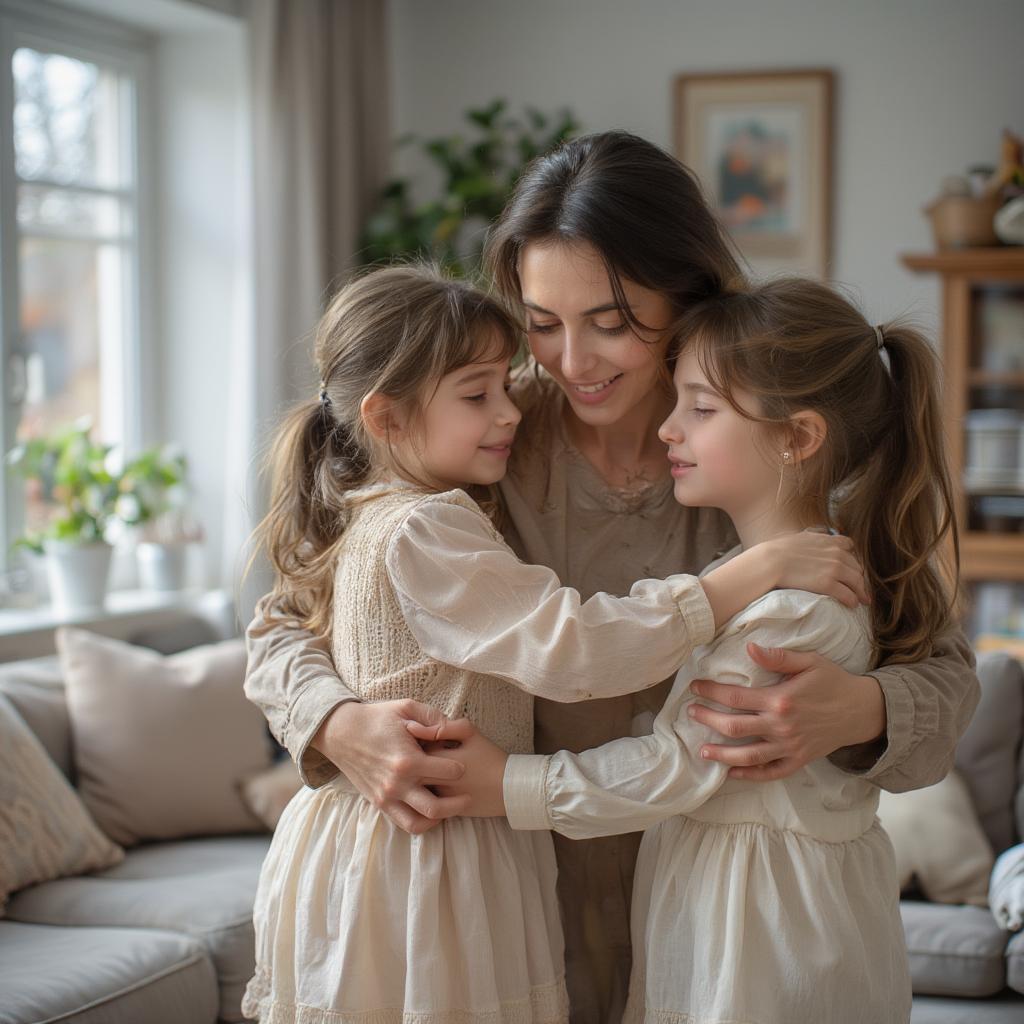 Family Embracing in Living Room