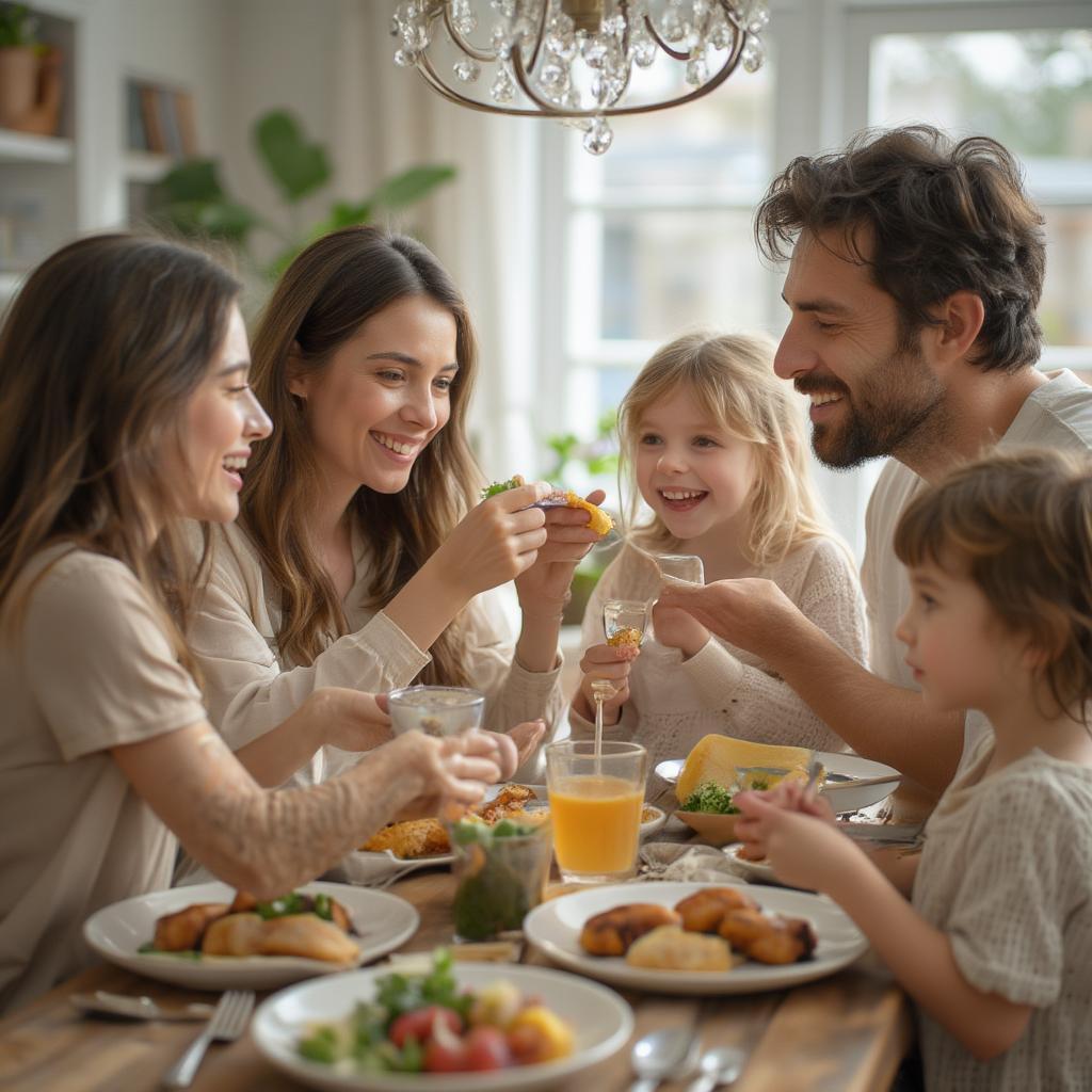 Family gathered around a dinner table, showing familial love.