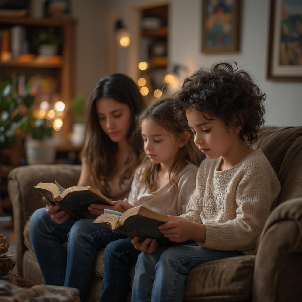 Family gathered around reading the Bible