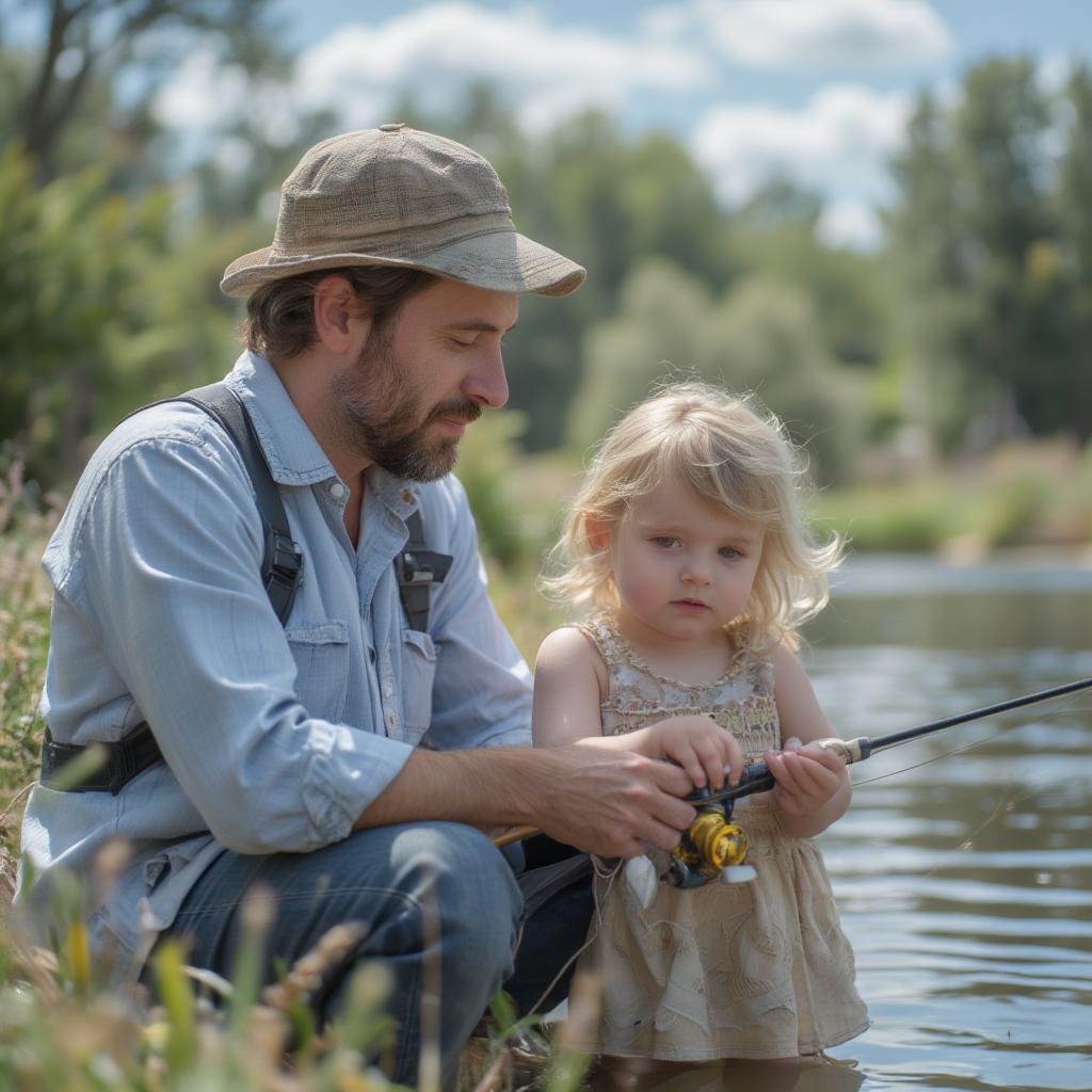 Father and child bonding while fishing