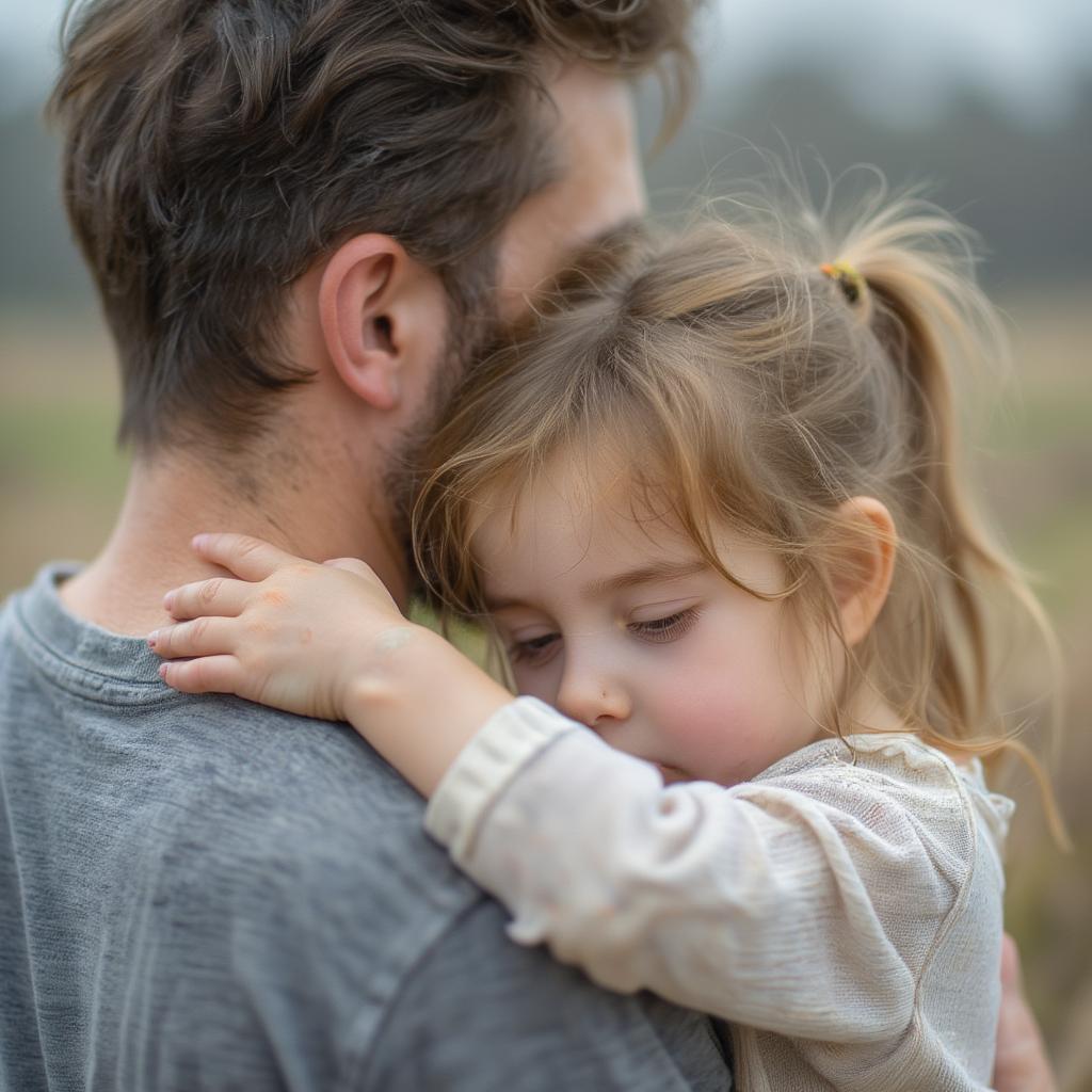 A father hugs his daughter tightly, showcasing their loving bond.