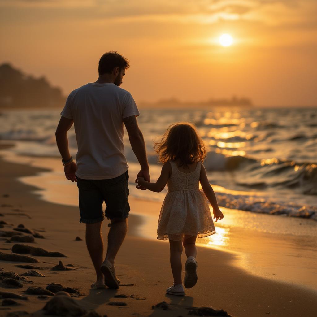 A father and daughter walk hand-in-hand along a beach at sunset