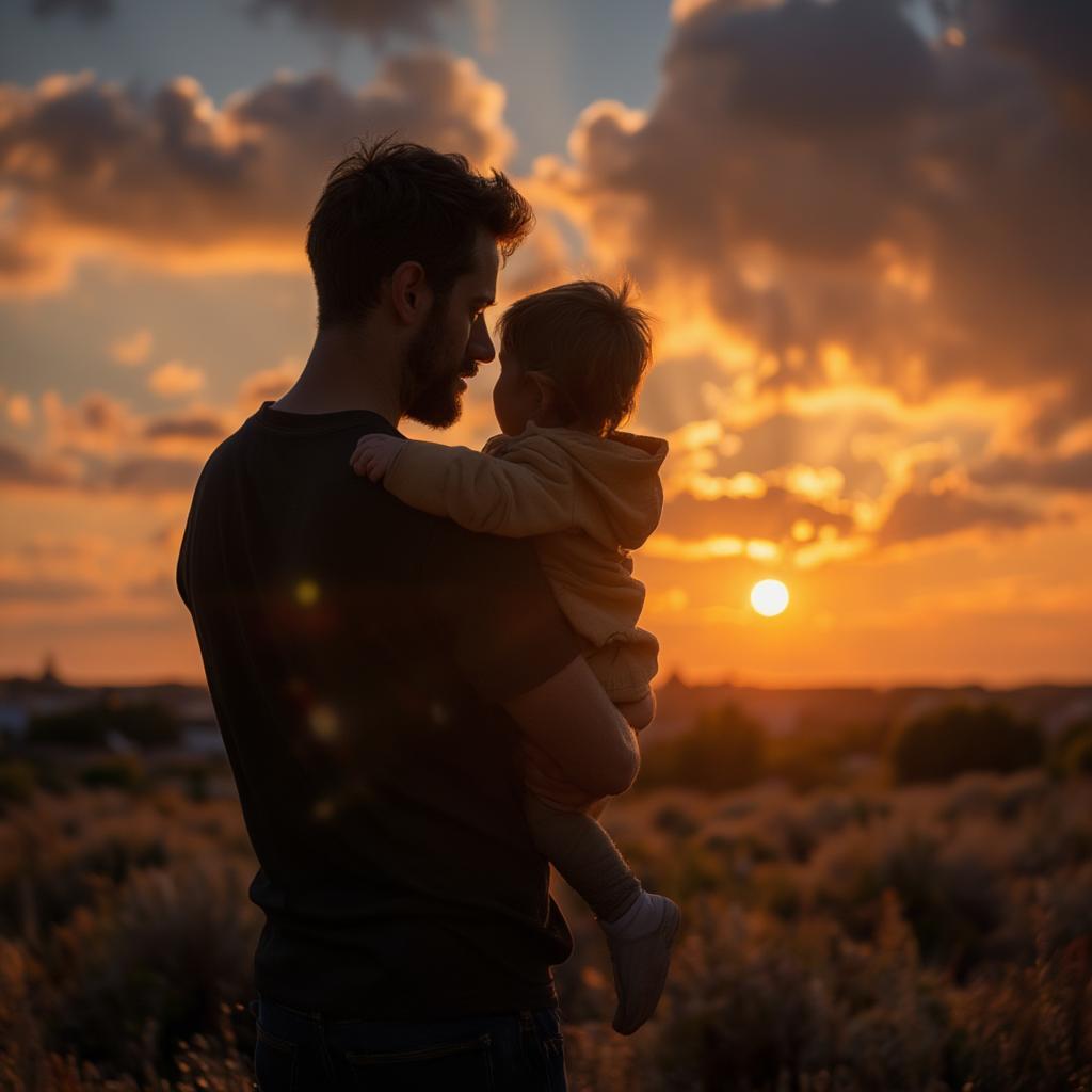 Father and Son Silhouetted Against Sunset