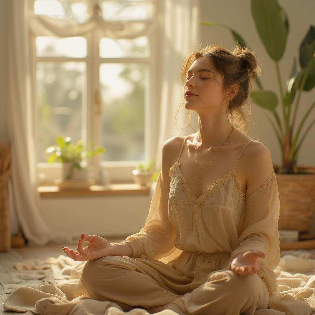 A person meditating peacefully in a sunlit room, representing inner peace and freedom found through love.