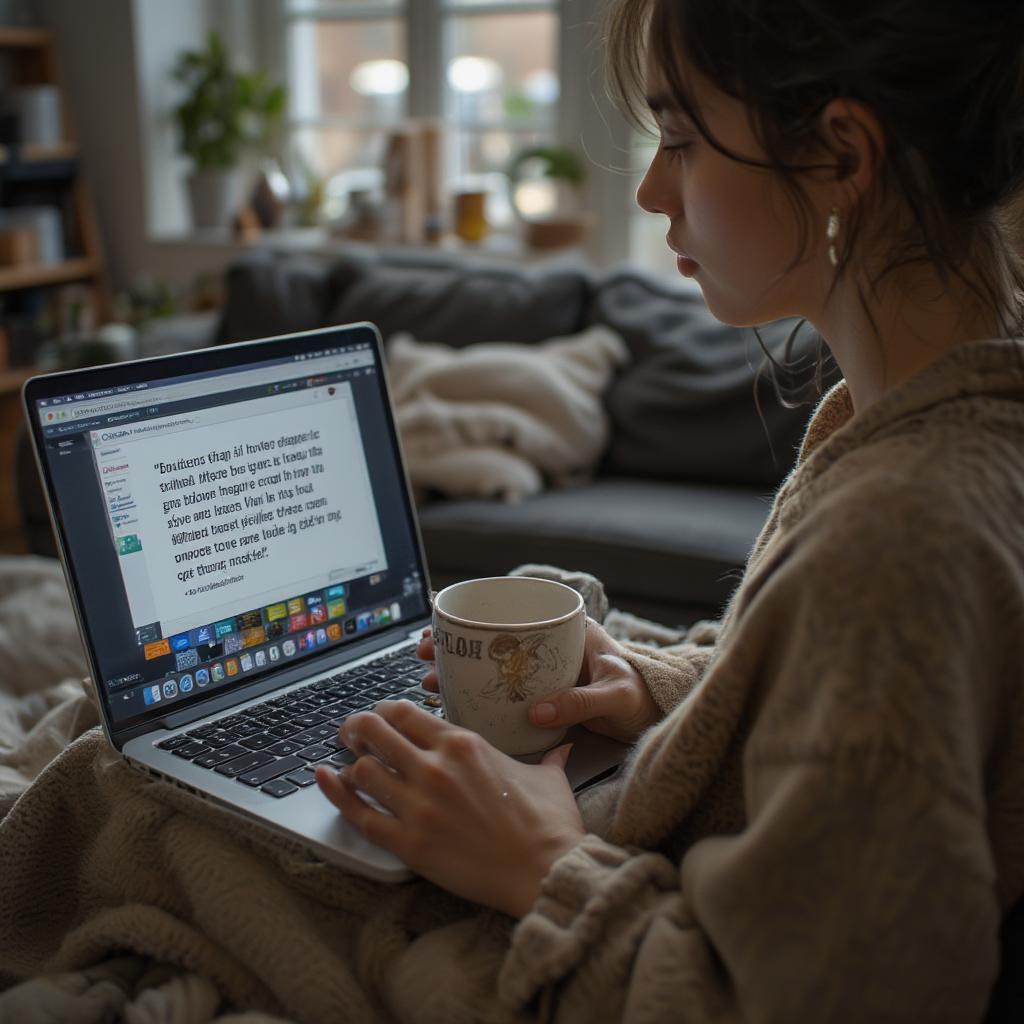 A person browsing inspirational quotes on a laptop, surrounded by cozy blankets and a warm drink.