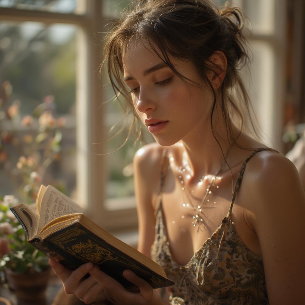 Woman reading a book, symbolizing the search for meaning and connection through literature.