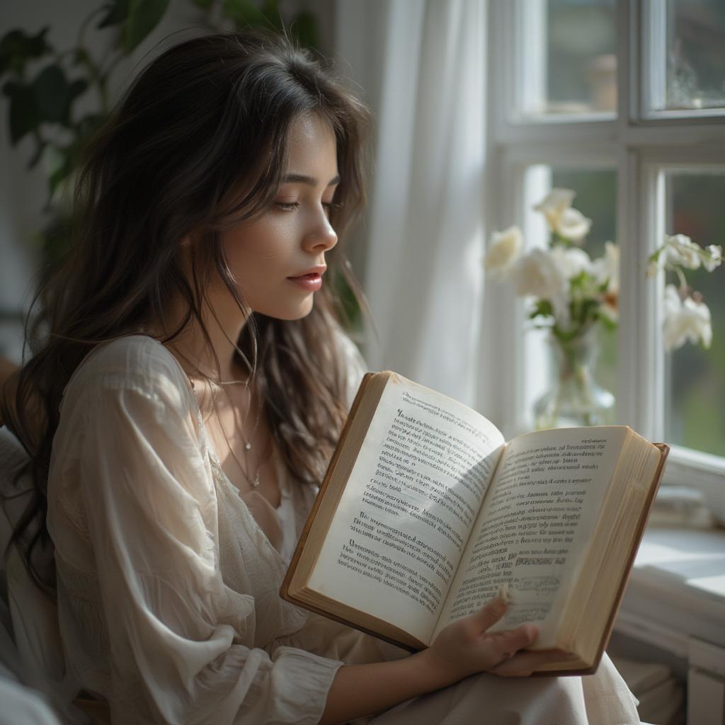 Woman finding solace in a book of angel quotes