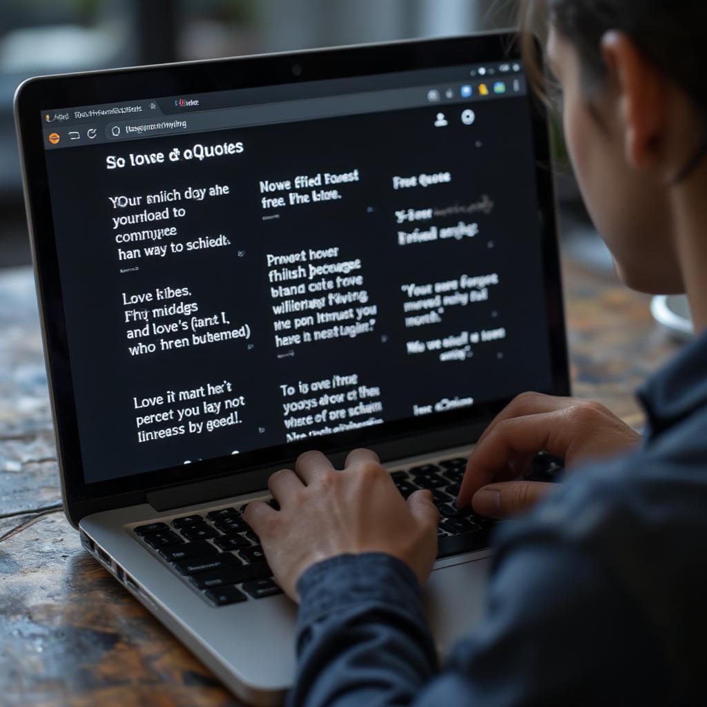 Searching online for the perfect love quote, laptop screen displaying various quotes.