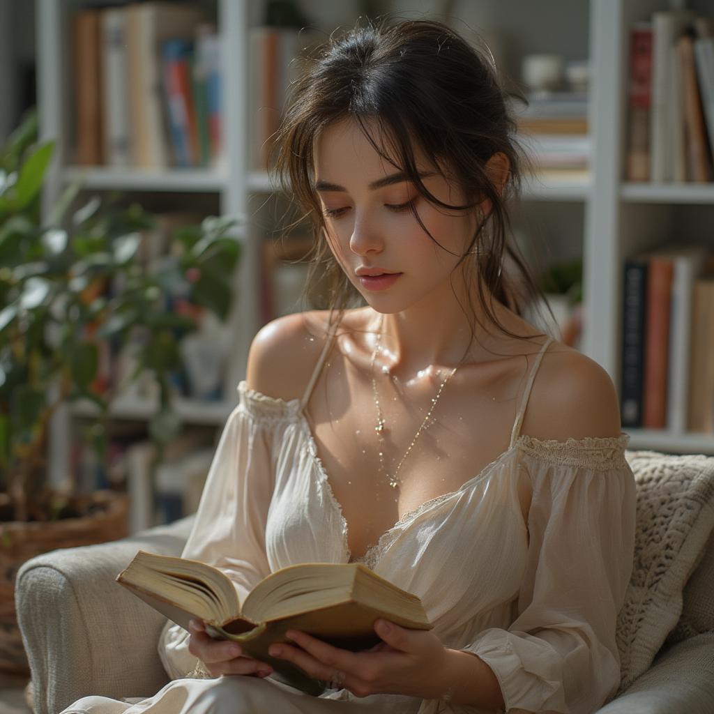 Woman reading a book, searching for inspiration and the right words.