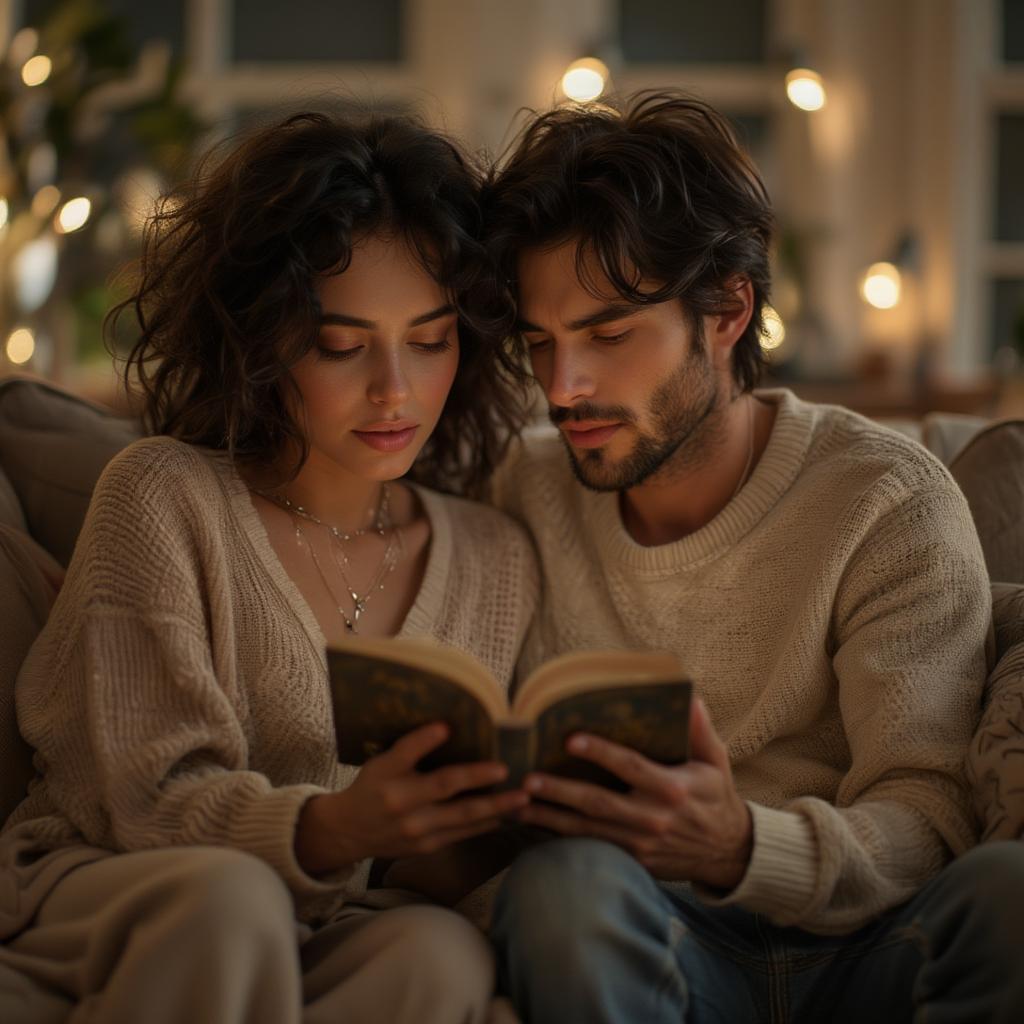 Couple reading love quotes together