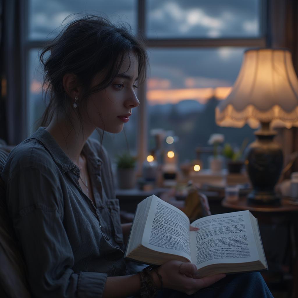 Finding Solace in Love Hate Quotes: Image depicting a person reading a book filled with quotes, with a backdrop of a stormy sky transitioning into a peaceful sunset.