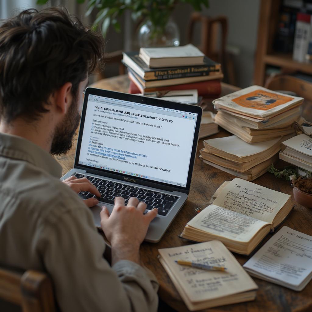 Person searching for quotes on a laptop, surrounded by books and notes