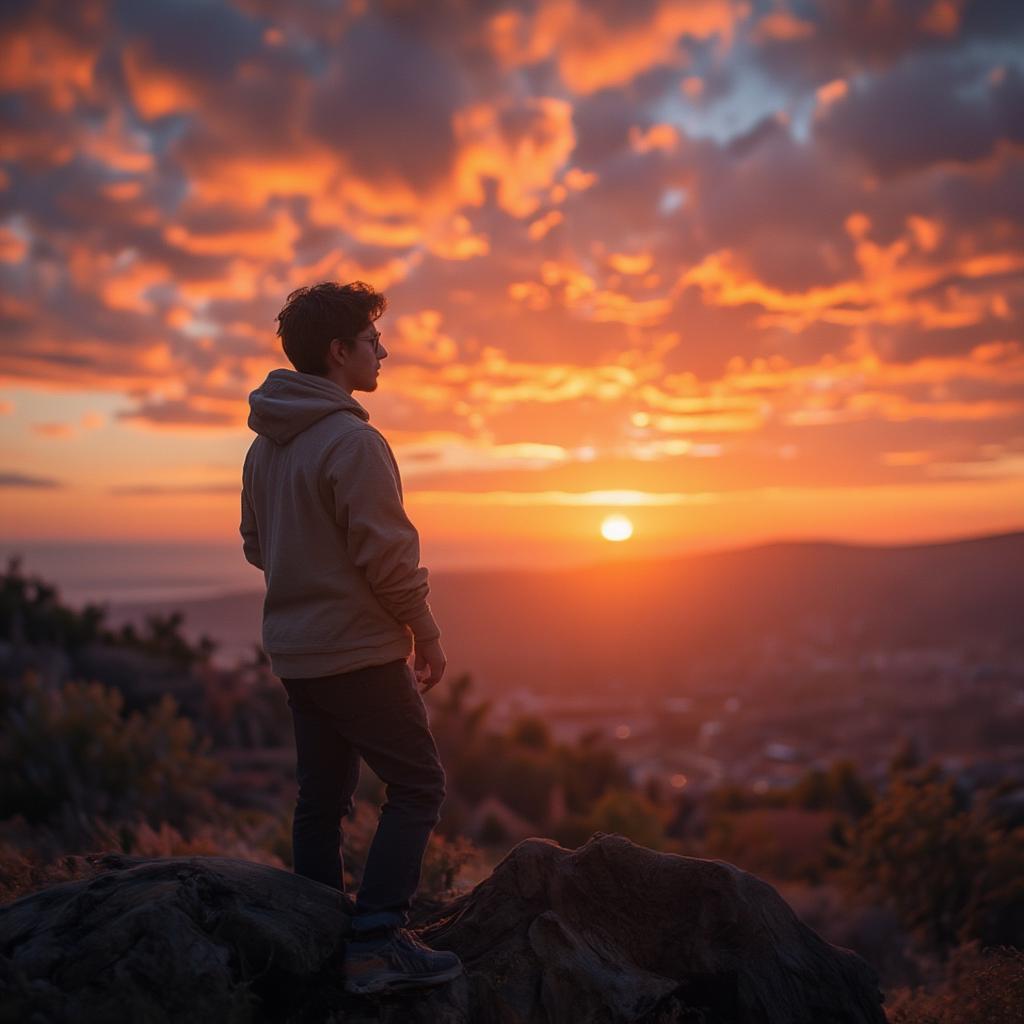 Depiction of a person looking at a sunset, reflecting on the journey of finding true love.