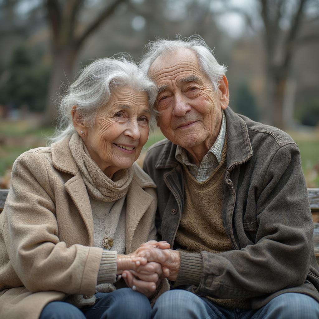 An elderly couple holding hands, symbolizing a lifetime of love and companionship.