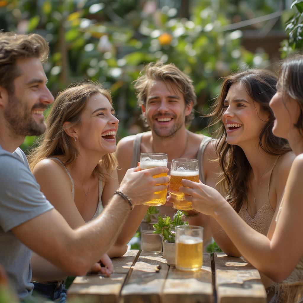 Friends laughing and enjoying beers in a beer garden