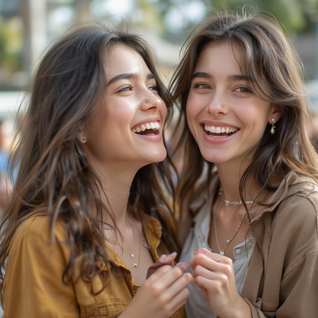 Two friends laughing hysterically together, showcasing their shared joy and inside jokes.