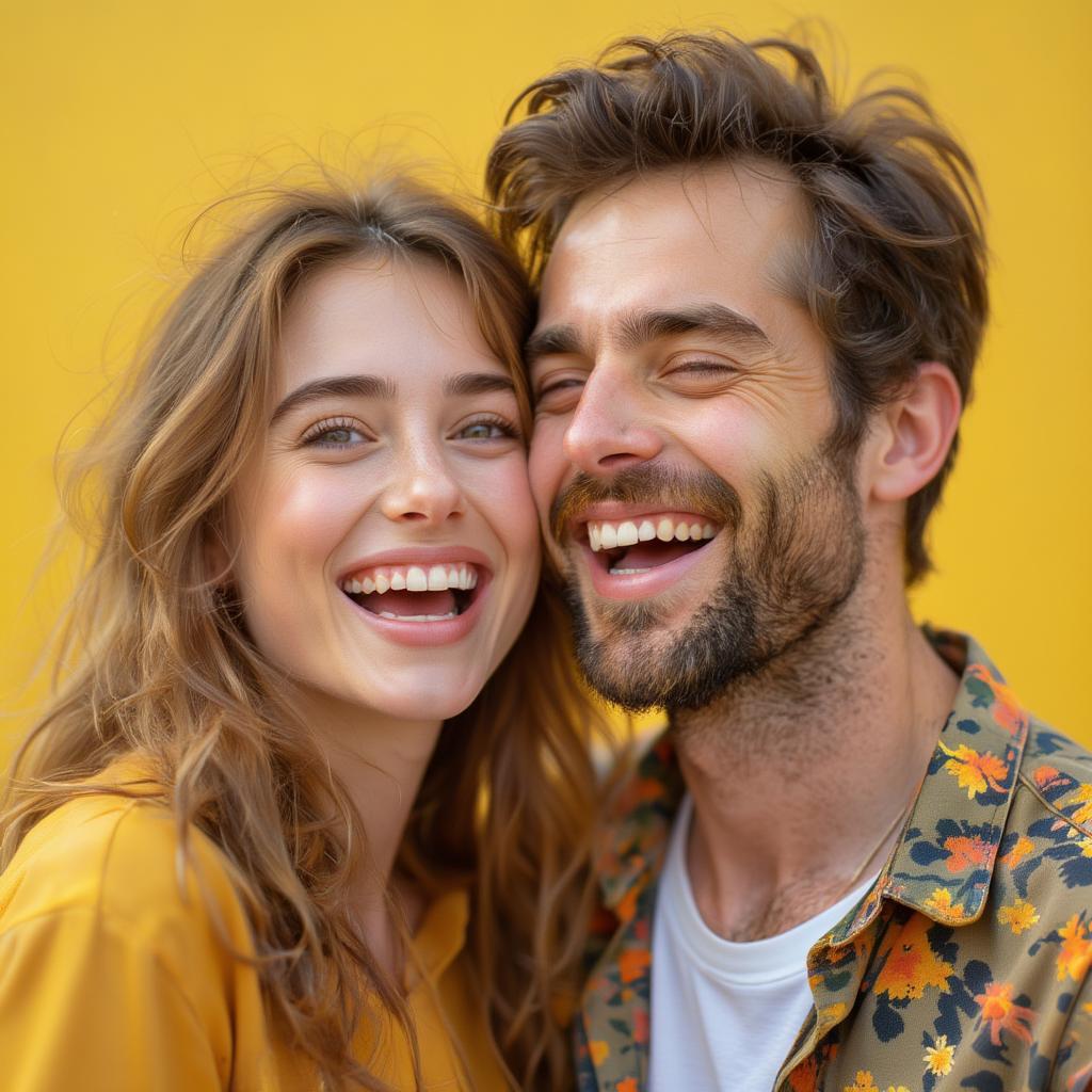 Funny Love Quotes for Your Fiancé: A couple laughing together, with a playful and lighthearted atmosphere. One partner is making a funny face, while the other is holding their stomach from laughter.