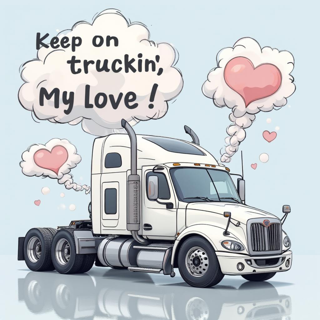 Funny Truck Driver Quote: A cartoon truck cab with a heart-shaped exhaust puff and the words "Keep on truckin', my love!"