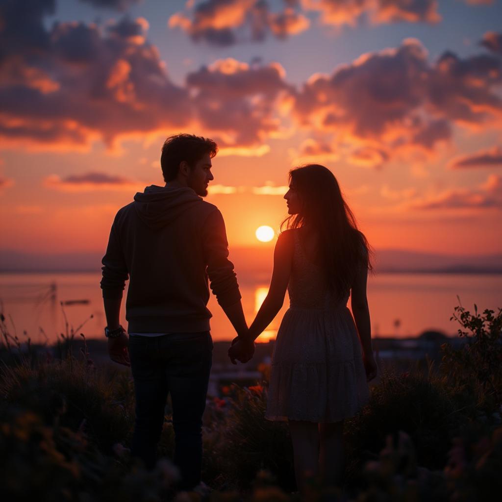 Couple watching sunset, symbolizing future love and dreams.