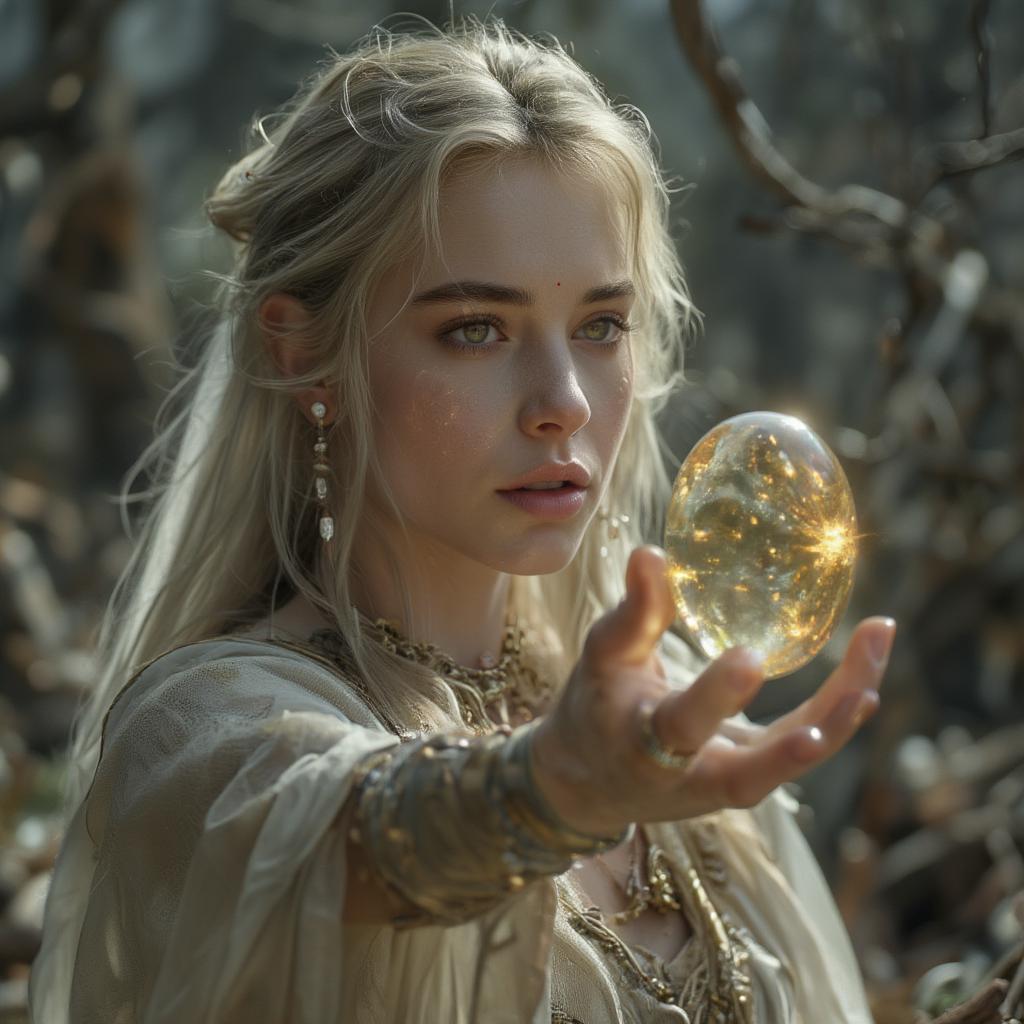 Galadriel, bathed in ethereal light, pushing away a shadowy representation of the One Ring.