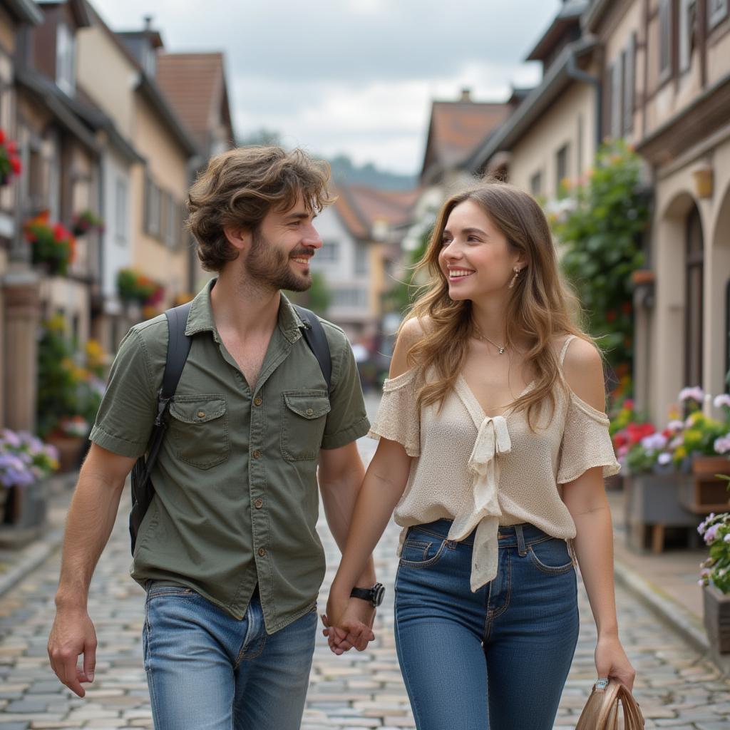 Couple holding hands in a German town square