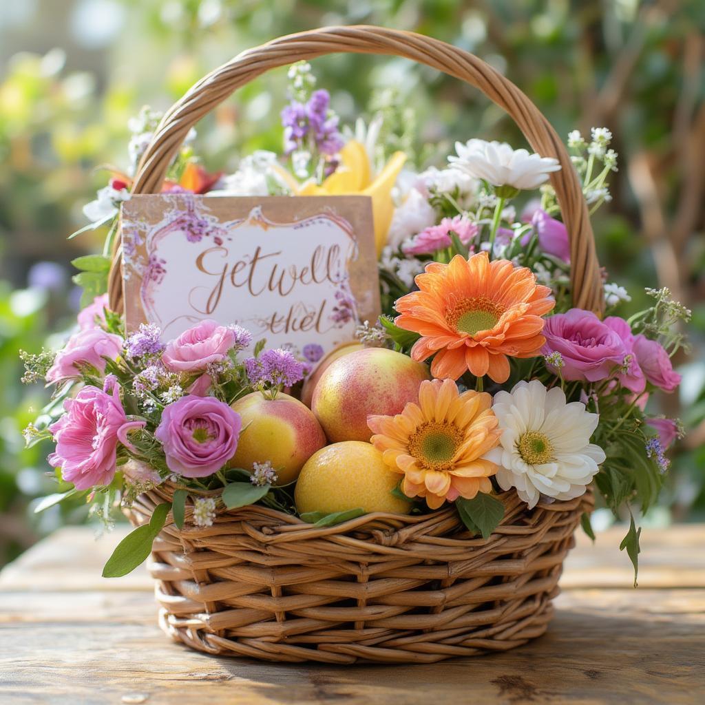 A get-well gift basket filled with flowers, fruits, and a handwritten card.