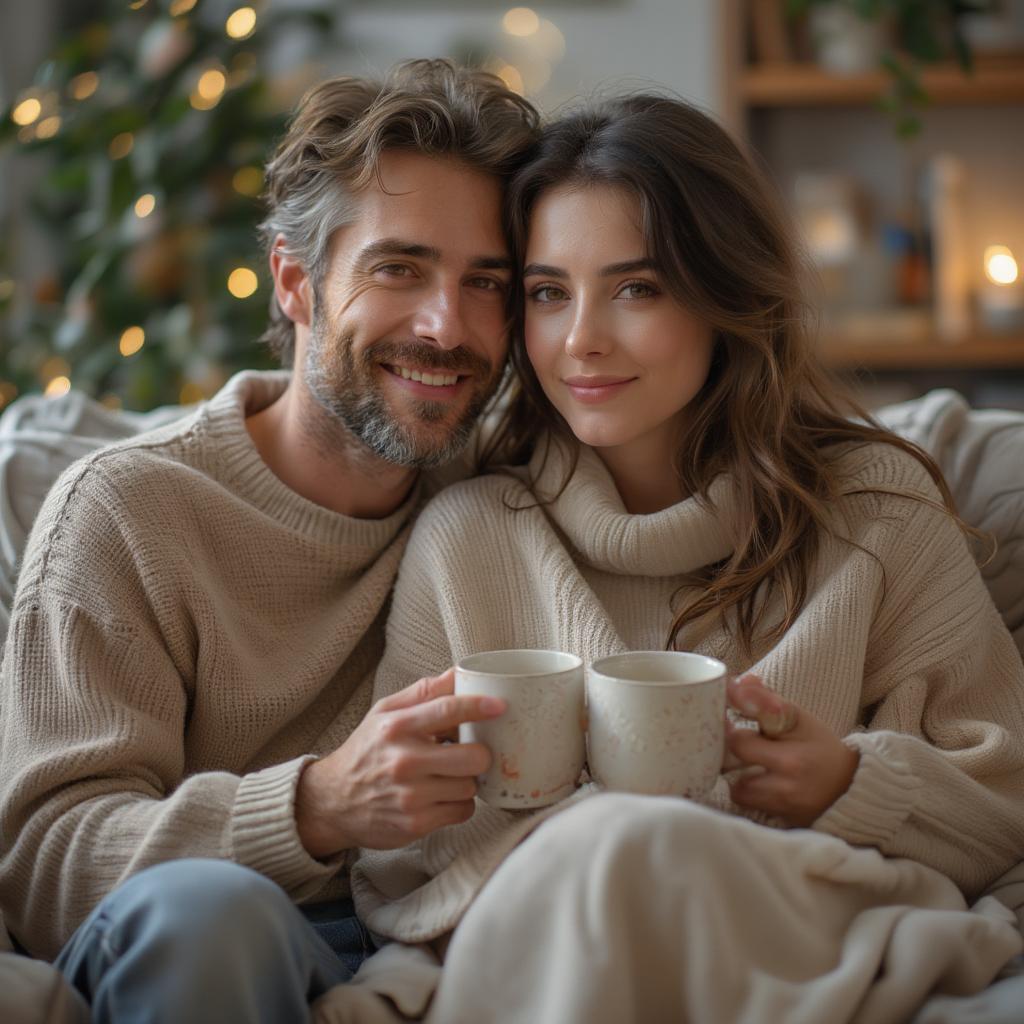 A couple snuggled up together on a couch, enjoying a cozy night in