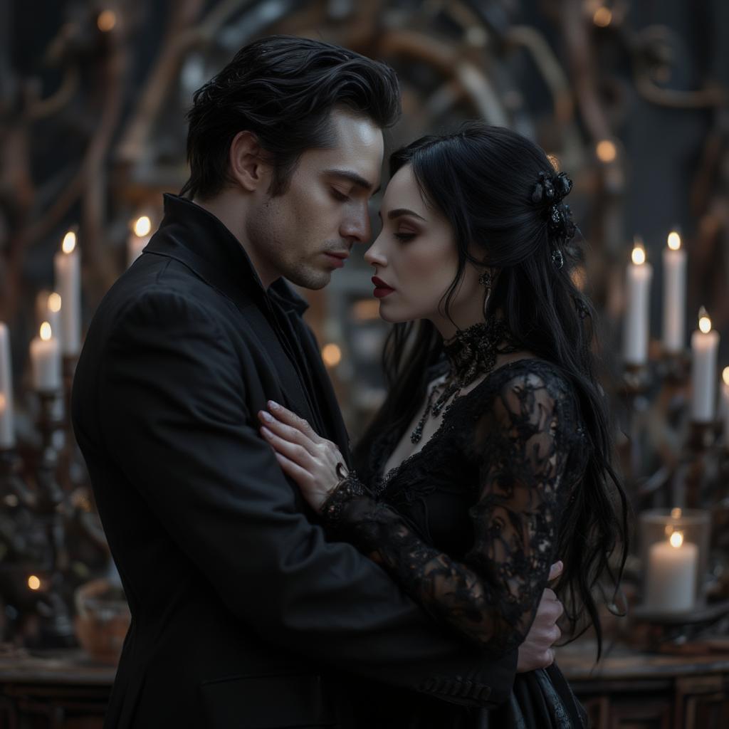 Gomez and Morticia share a romantic moment, highlighting their unique and enduring love.