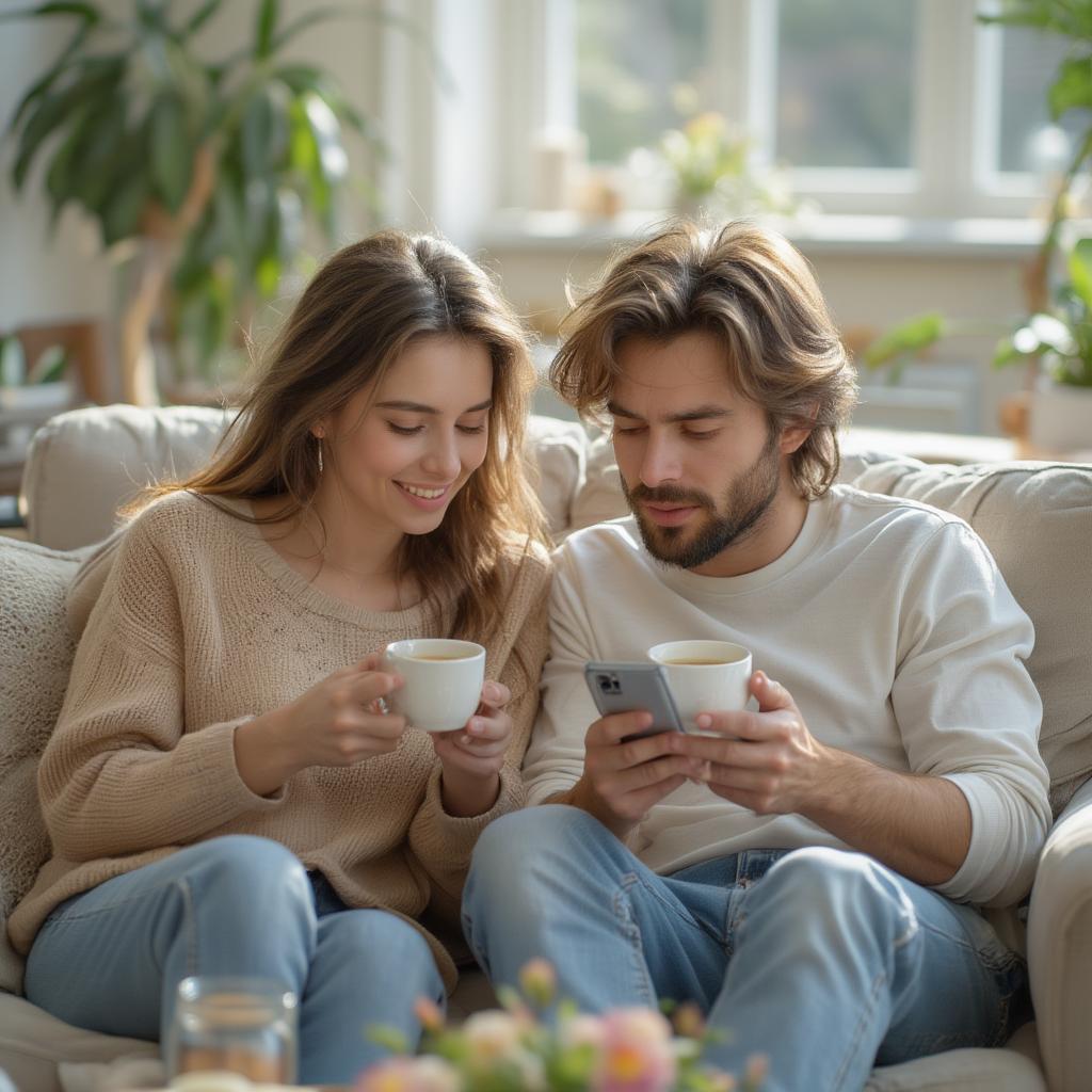 Couple enjoying coffee and reading good morning messages