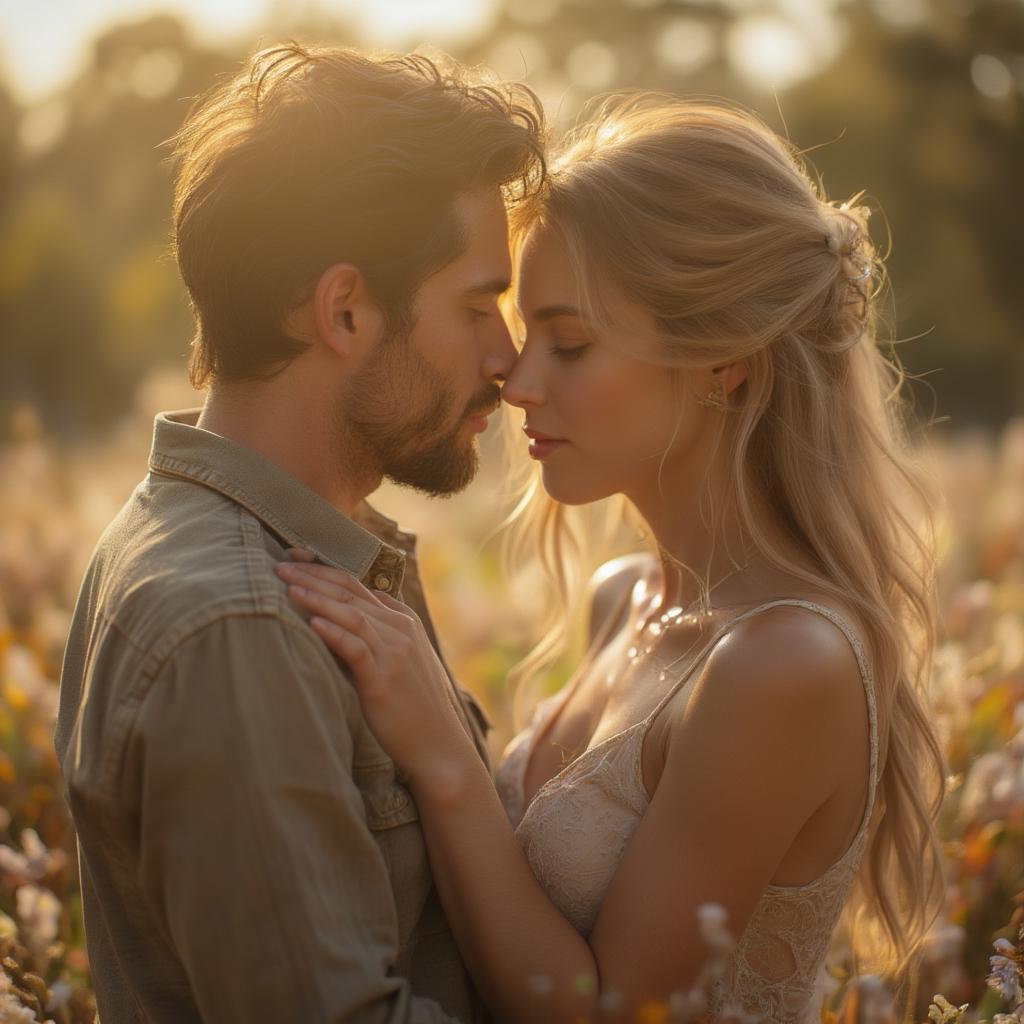 Couple embracing in the morning sun, sharing a loving moment with good morning quotes.