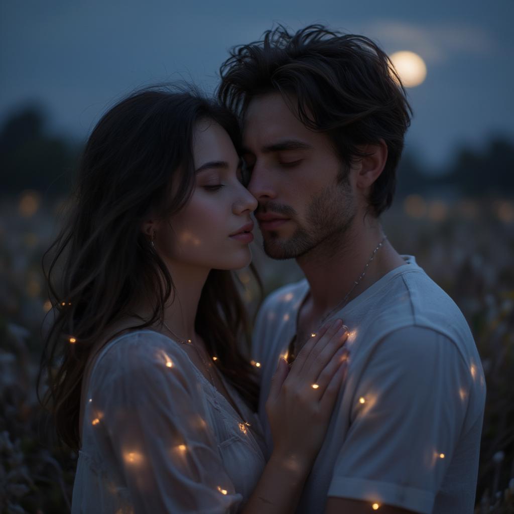 Couple embracing under the moonlight, sharing sweet goodnight whispers.